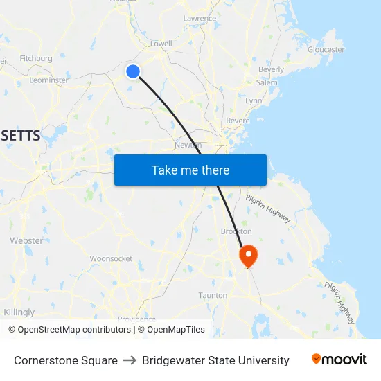 Cornerstone Square to Bridgewater State University map