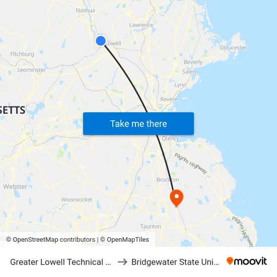 Greater Lowell Technical School to Bridgewater State University map