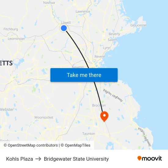 Kohls Plaza to Bridgewater State University map