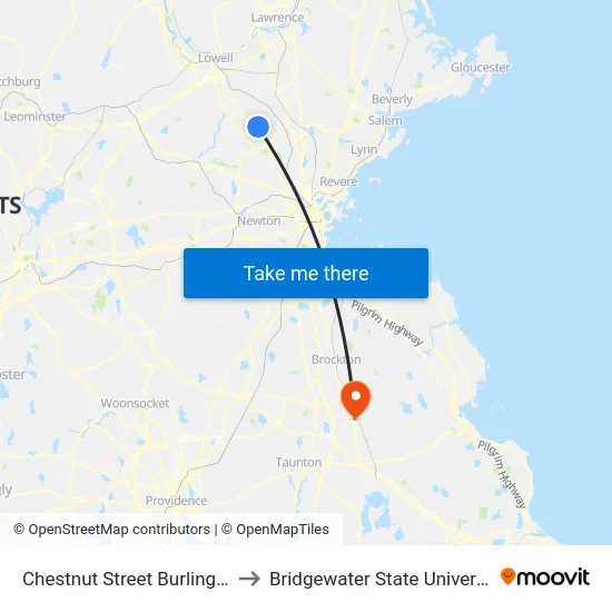 Chestnut Street Burlington to Bridgewater State University map