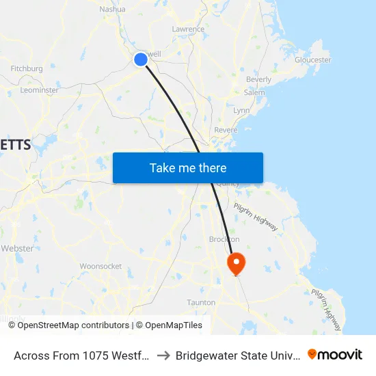 Across From 1075 Westford St to Bridgewater State University map