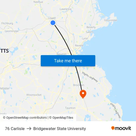 76 Carlisle to Bridgewater State University map