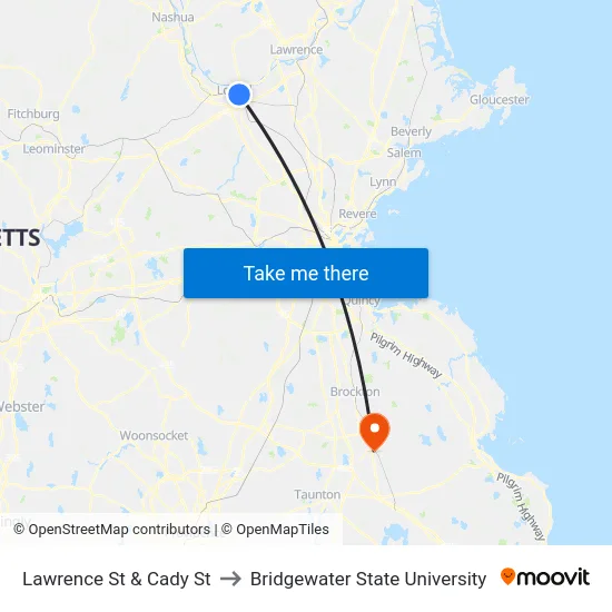 Lawrence St & Cady St to Bridgewater State University map