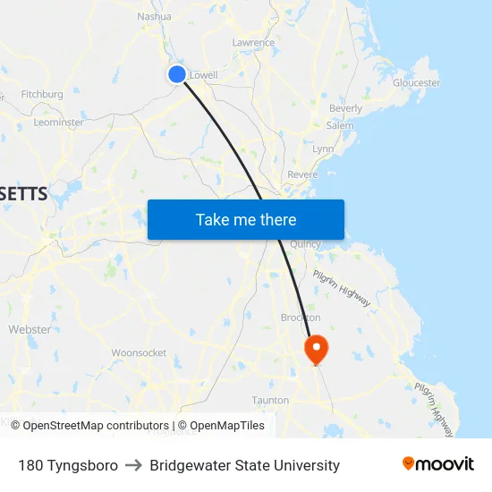 180 Tyngsboro to Bridgewater State University map