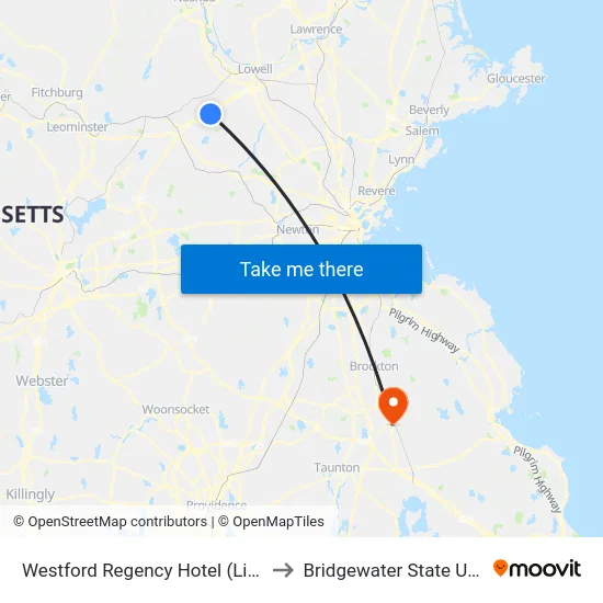 Westford Regency Hotel (Littleton Rd) to Bridgewater State University map