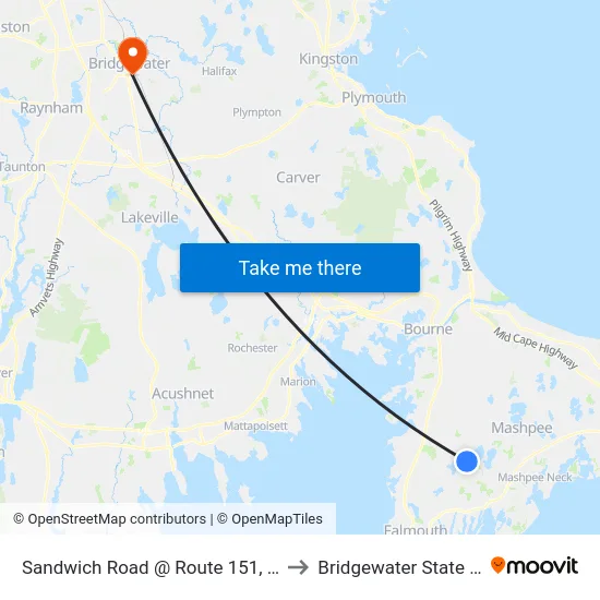 Sandwich Road @ Route 151, East Falmouth to Bridgewater State University map