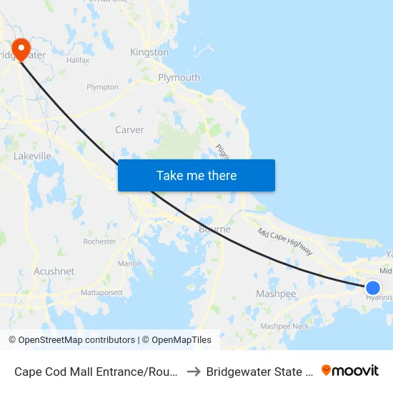 Cape Cod Mall Entrance/Route 28, Hyannis to Bridgewater State University map