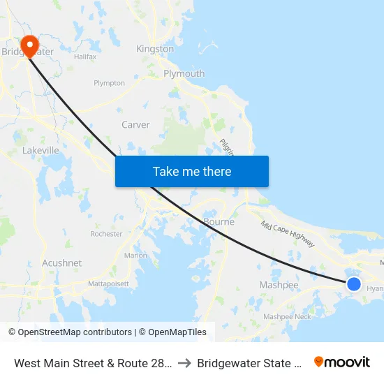 West Main Street & Route 28, Centerville to Bridgewater State University map
