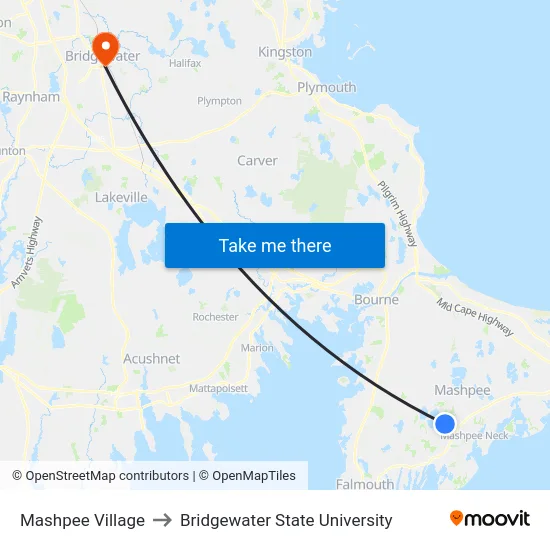 Mashpee Village to Bridgewater State University map