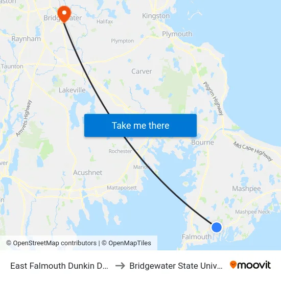 East Falmouth Dunkin Donuts to Bridgewater State University map