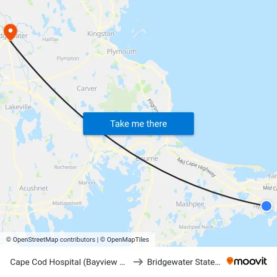 Cape Cod Hospital (Bayview Street), Hyannis to Bridgewater State University map