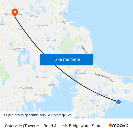 Osterville (Tower Hill Road & Main Street) to Bridgewater State University map