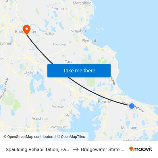 Spaulding Rehabilitation, East Sandwich to Bridgewater State University map