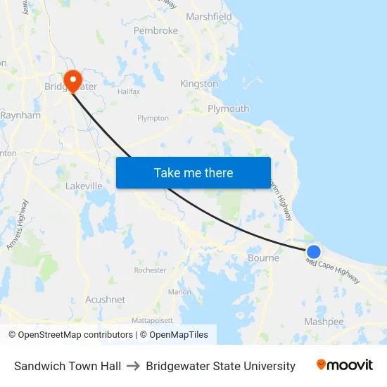 Sandwich Town Hall to Bridgewater State University map