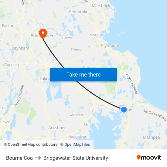 Bourne Coa to Bridgewater State University map
