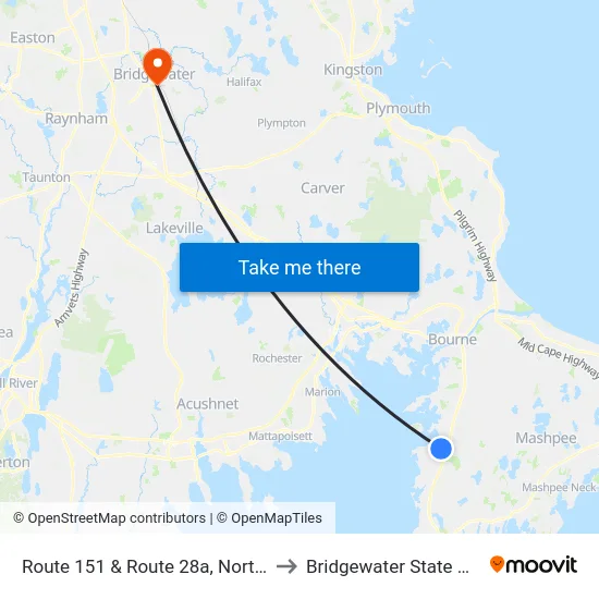 Route 151 & Route 28a, North Falmouth to Bridgewater State University map