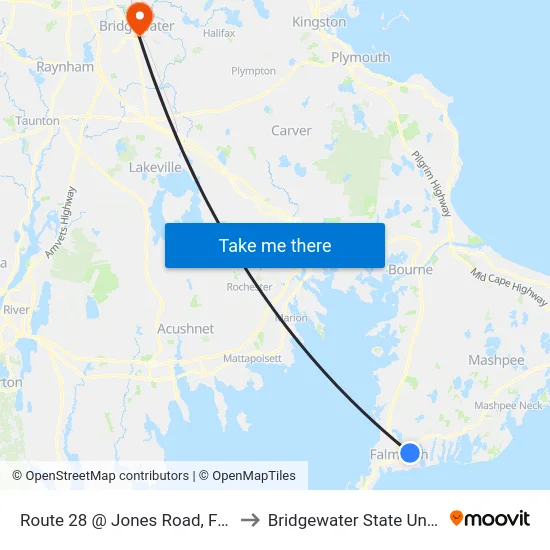 Route 28 @ Jones Road, Falmouth to Bridgewater State University map