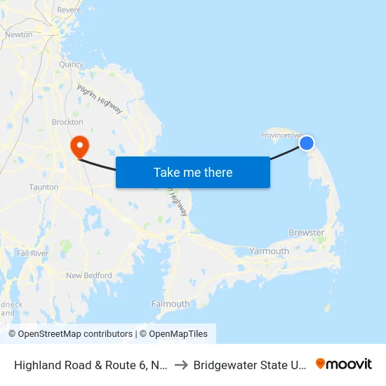 Highland Road & Route 6, North Truro to Bridgewater State University map