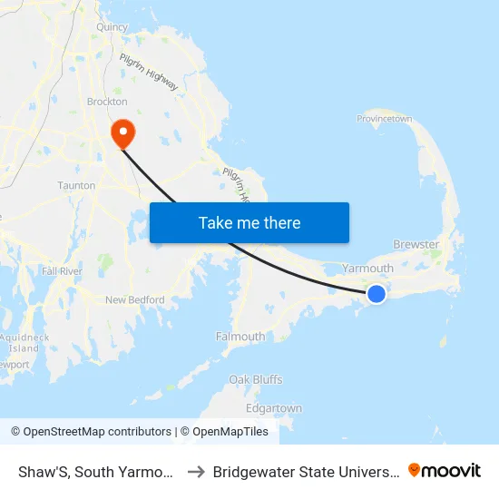 Shaw'S, South Yarmouth to Bridgewater State University map