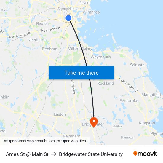 Ames St @ Main St to Bridgewater State University map