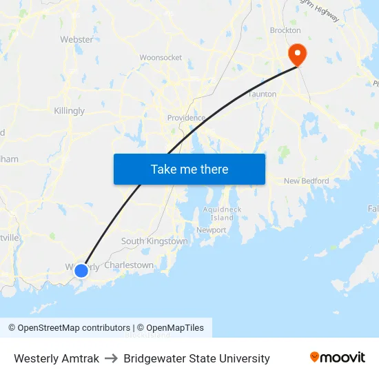 Westerly Amtrak to Bridgewater State University map