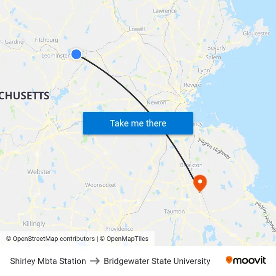 Shirley Mbta Station to Bridgewater State University map