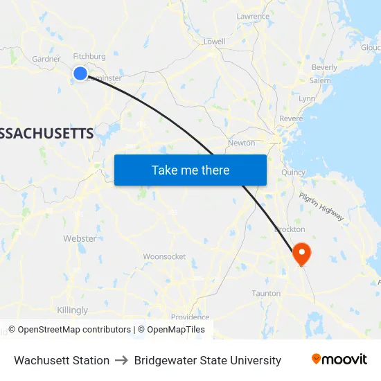 Wachusett Station to Bridgewater State University map