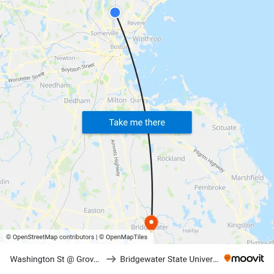 Washington St @ Grove St to Bridgewater State University map
