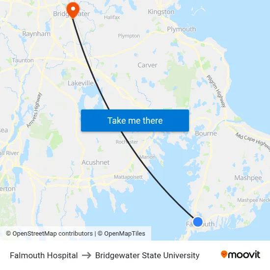 Falmouth Hospital to Bridgewater State University map