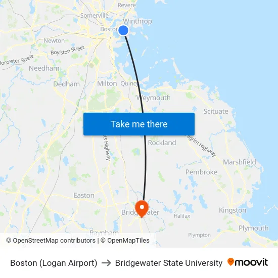 Boston (Logan Airport) to Bridgewater State University map