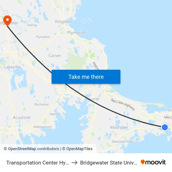 Transportation Center Hyannis to Bridgewater State University map