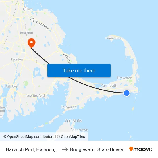Harwich Port, Harwich, MA to Bridgewater State University map
