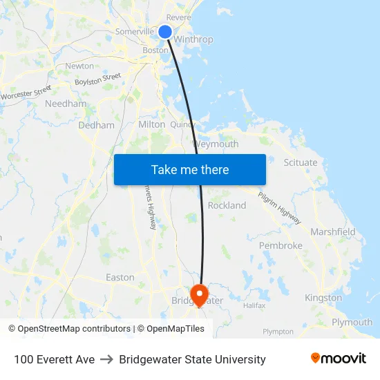 100 Everett Ave to Bridgewater State University map
