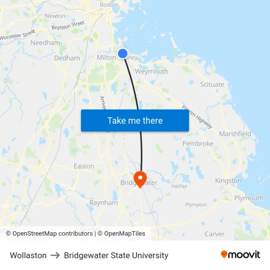 Wollaston to Bridgewater State University map