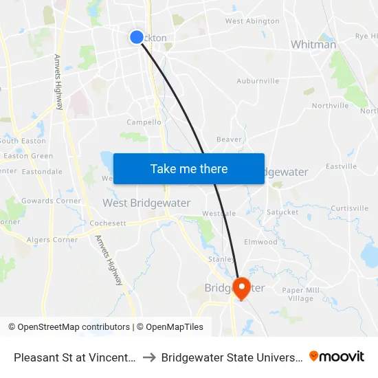 Pleasant St at Vincentes to Bridgewater State University map