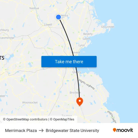 Merrimack Plaza to Bridgewater State University map