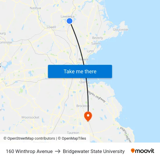 160 Winthrop Avenue to Bridgewater State University map