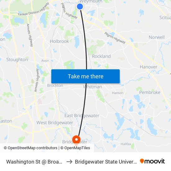 Washington St @ Broad St to Bridgewater State University map