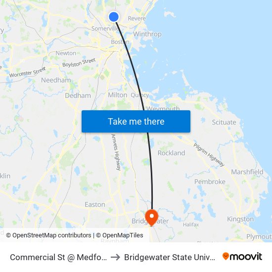 Commercial St @ Medford St to Bridgewater State University map