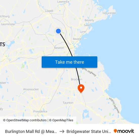 Burlington Mall Rd @ Meadow Rd to Bridgewater State University map