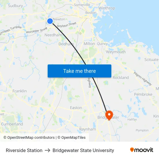 Riverside Station to Bridgewater State University map