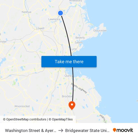 Washington Street & Ayer Street to Bridgewater State University map