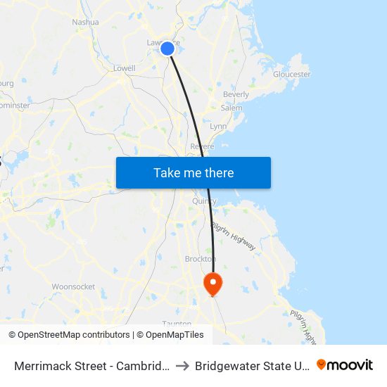 Merrimack Street - Cambridge College to Bridgewater State University map