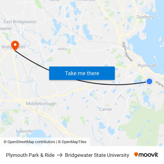 Plymouth Park & Ride to Bridgewater State University map