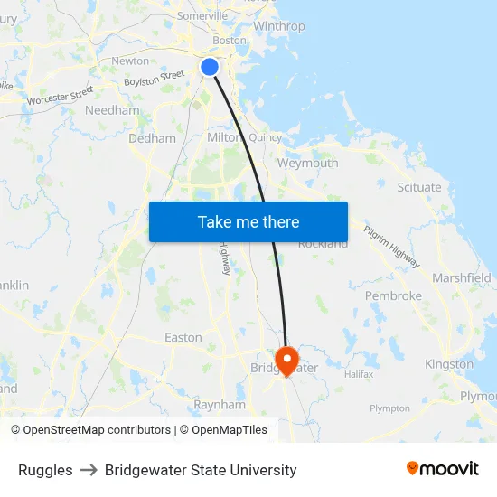 Ruggles to Bridgewater State University map