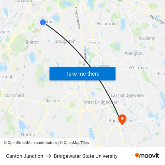Canton Junction to Bridgewater State University map