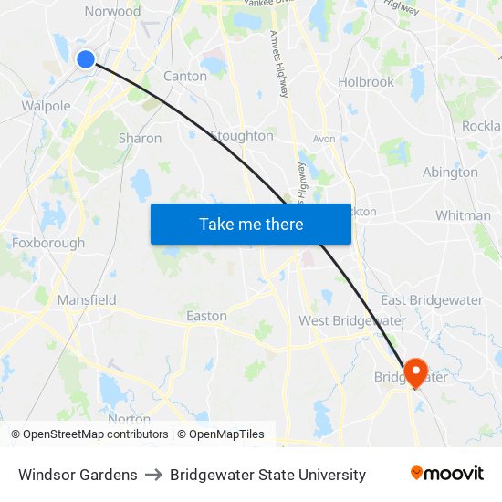 Windsor Gardens to Bridgewater State University map