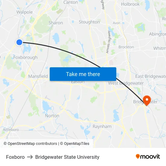 Foxboro to Bridgewater State University map