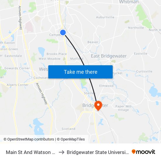 Main St And Watson St to Bridgewater State University map