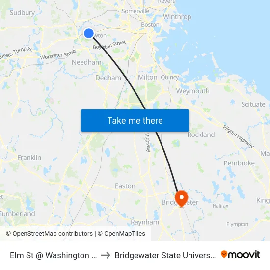 Elm St @ Washington St to Bridgewater State University map